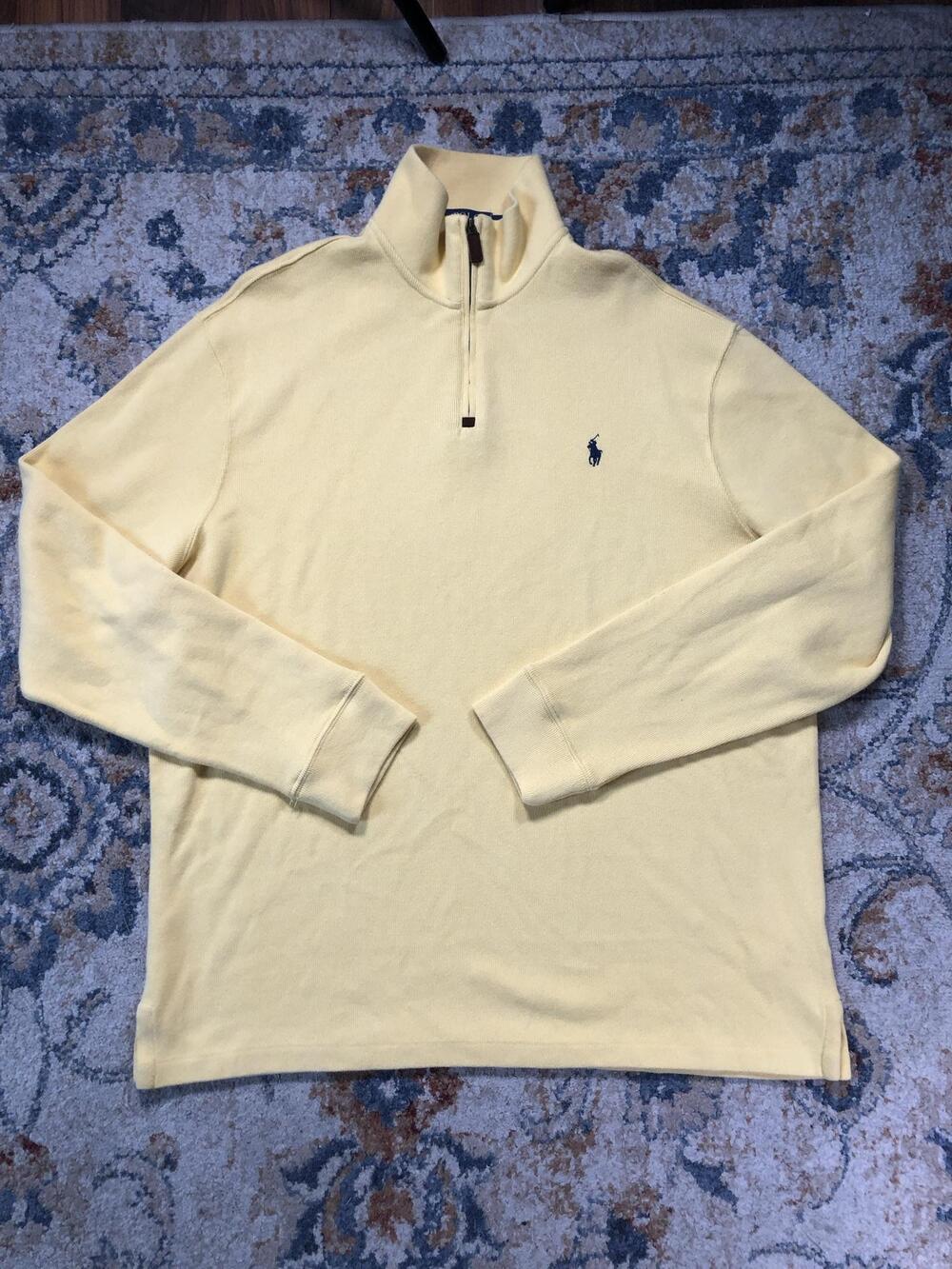 Polo Ralph Lauren Sweater Mens XL Yellow Cotton 1/4 Zip Mock Neck Knit Pullover